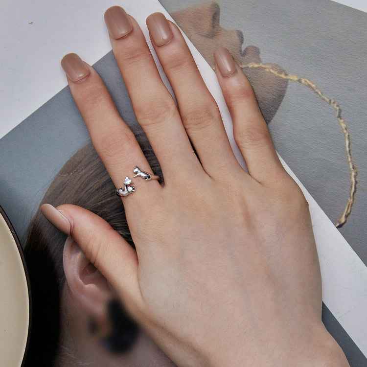 Kitty’s Treasure S925 Silver Heart Zircon Cat Adjustable Ring