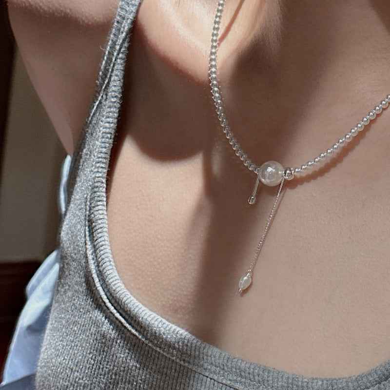 S925 Sterling Silver Beaded Tassel Necklace Adjustable Chain Elegant Dangle Design