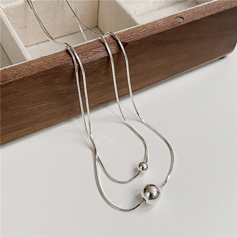 S925 Sterling Silver Silver Spheres Layered Necklace Double Chain Bead Design