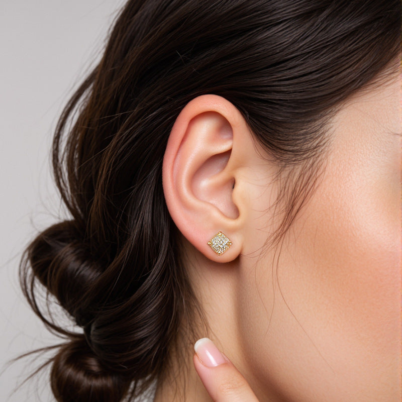 “Square Eclat” S925 Sterling Silver Zircon Square Stud Earrings