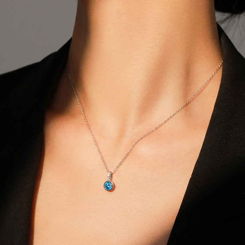 Azure Halo Blue Zircon Necklace and Huggie Earrings Set 925 Sterling Silver