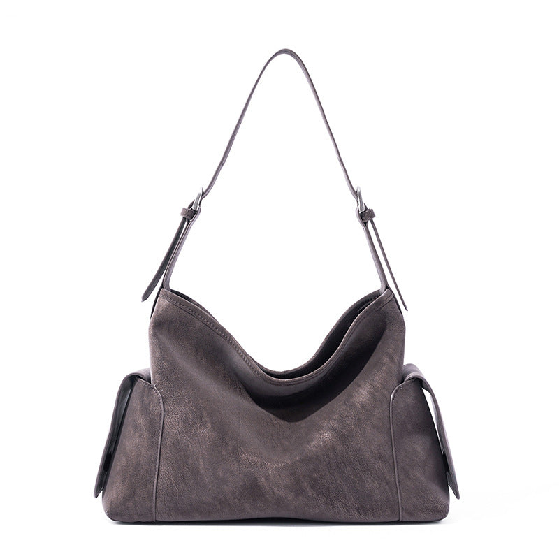 Women's Full-Grain Cowhide Slouchy Shoulder Bag with Side Pockets