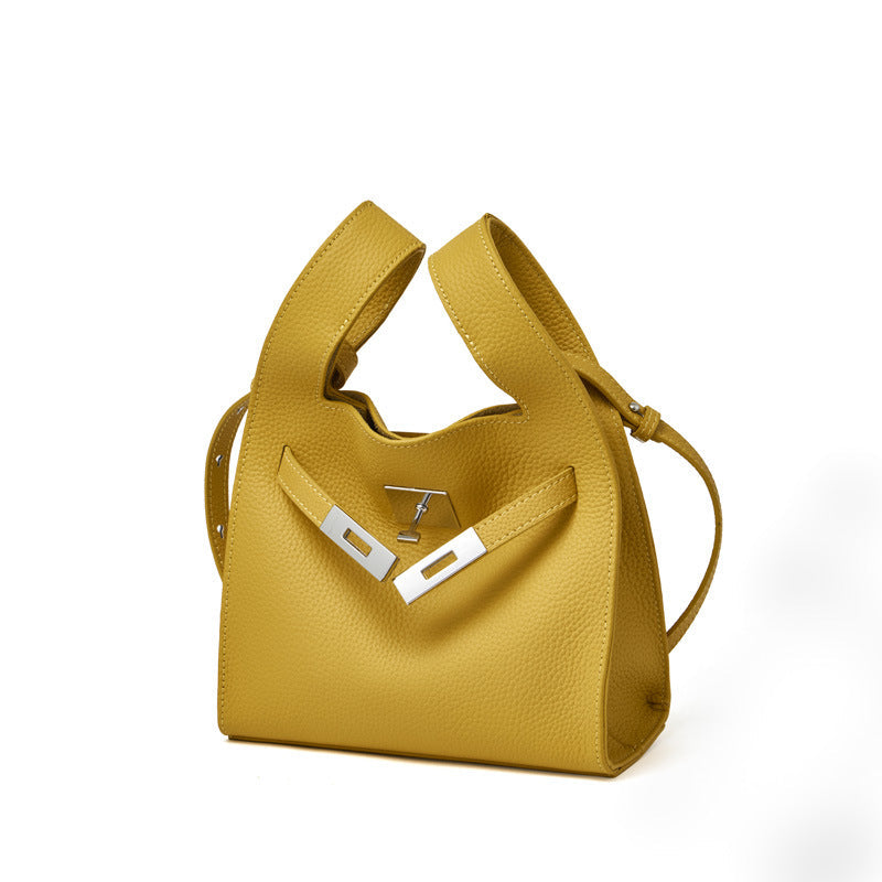 Women's Pebbled Cowhide Twist-Lock Bucket Bag with Inner Pouch