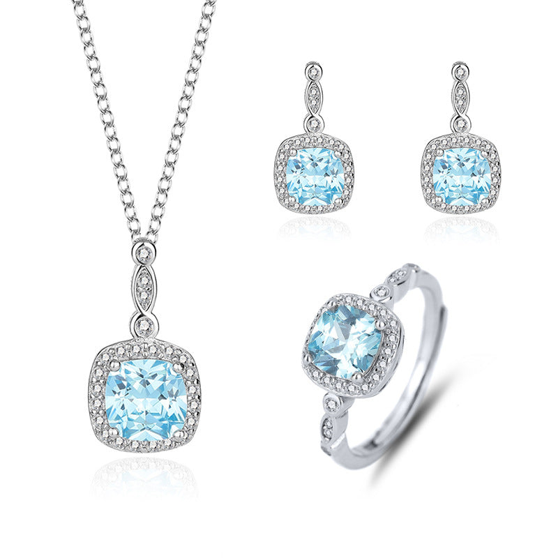 925 Sterling Silver Blue Zircon Halo Jewelry Set – Ocean Lumière