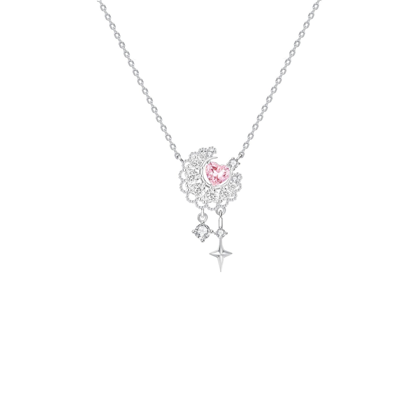 Moonlace Reverie S925 Silver Pink Heart Crescent Moon Charm Necklace