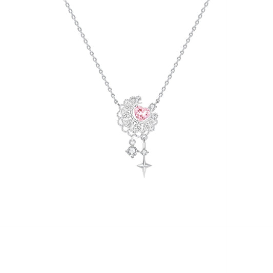 Moonlace Reverie S925 Silver Pink Heart Crescent Moon Charm Necklace