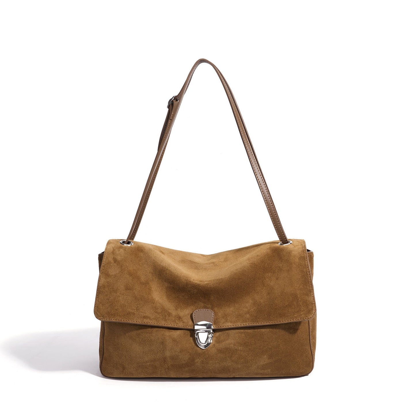 Women's Suede Leather Flap Shoulder Bag with Push-Lock
