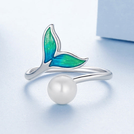 Mermaid Whisper S925 Sterling Silver Enamel Pearl Open Ring