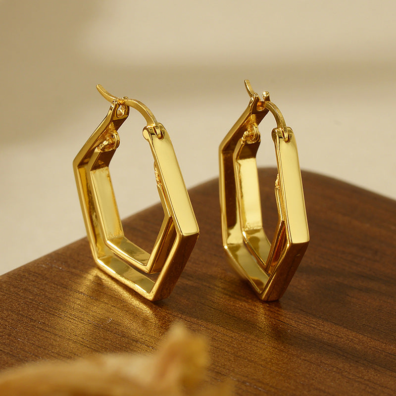 “Hexa Double Muse” S925 Sterling Silver Double-Layer Geometric Hoop Earrings