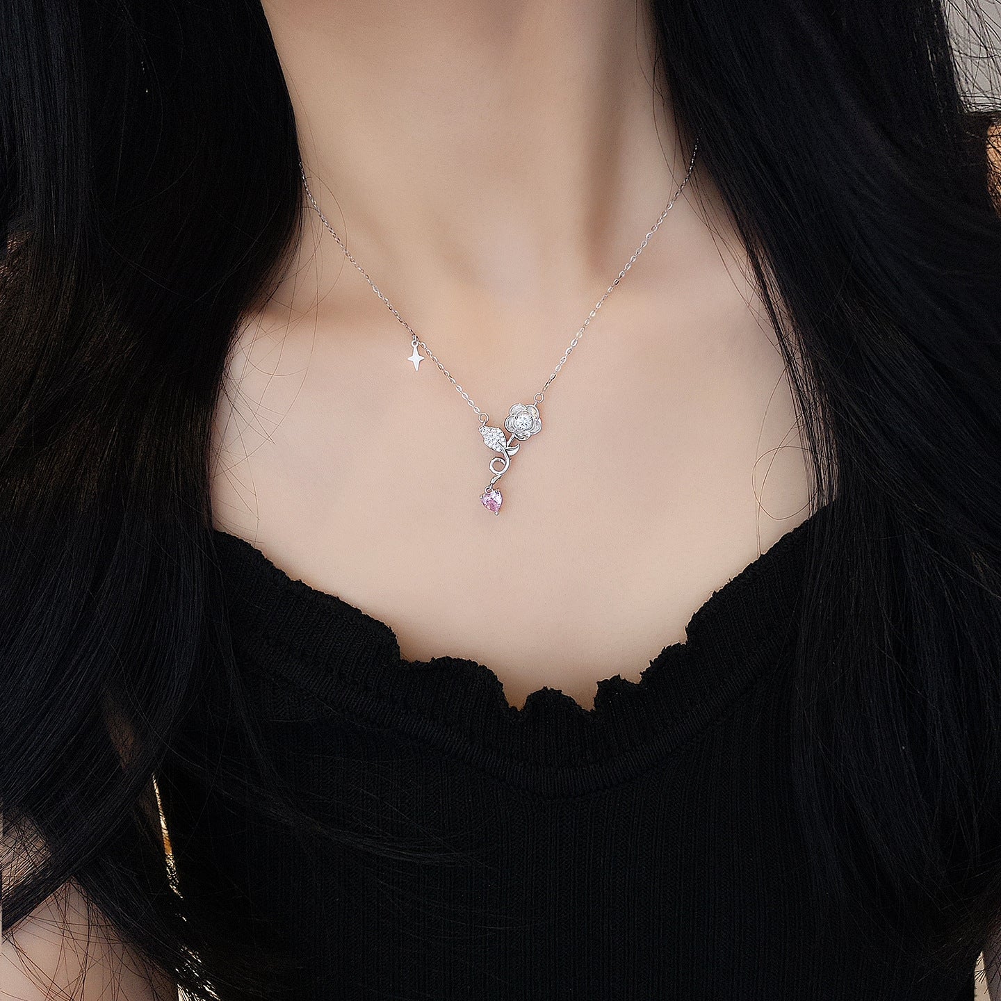 Blooming Rose S925 Sterling Silver Rose Pendant Necklace with Zircon