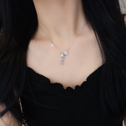 Blooming Rose S925 Sterling Silver Rose Pendant Necklace with Zircon