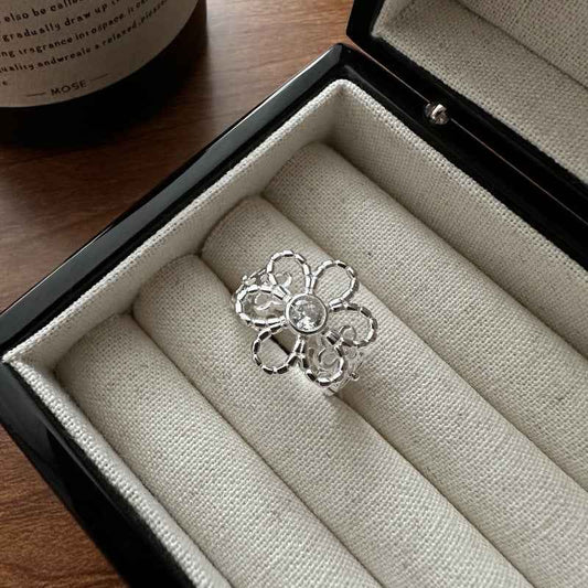 925 Sterling Silver Bloom Petite Flower Zircon Open Adjustable Ring Korean Minimalist