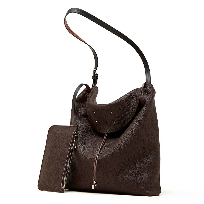 Women's Genuine Leather Slouch Tote Bag with Adjustable Strap & Detachable Pouch