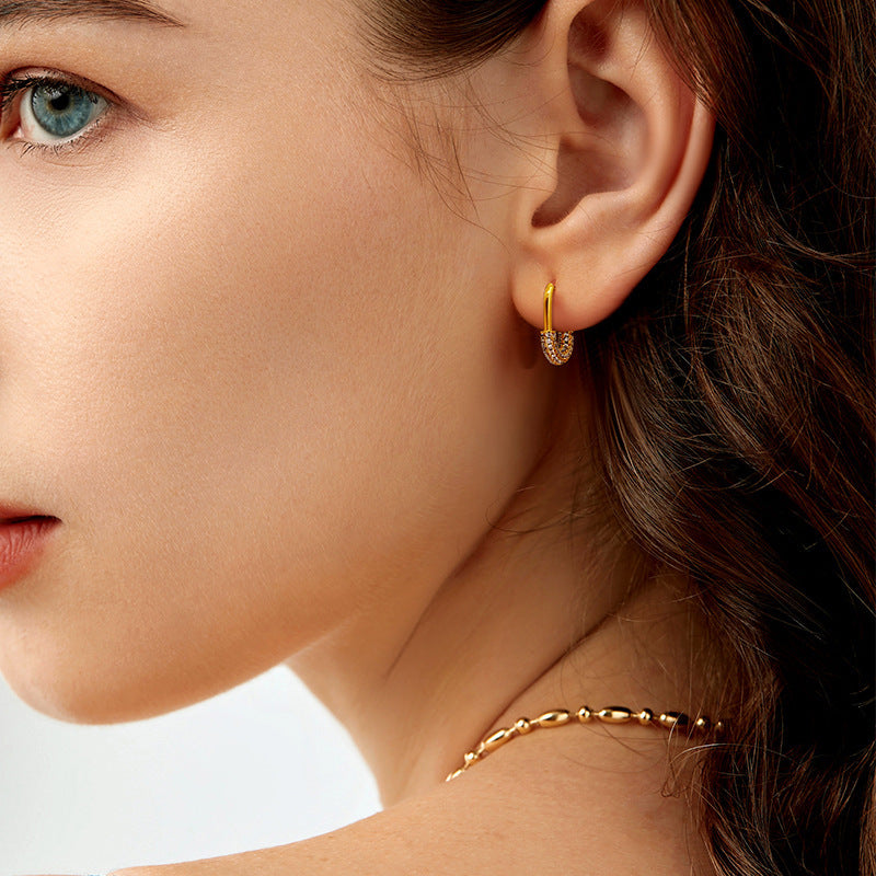 “Double-Sided Radiance” S925 Sterling Silver U-Shaped Zircon Huggie Hoop Earrings