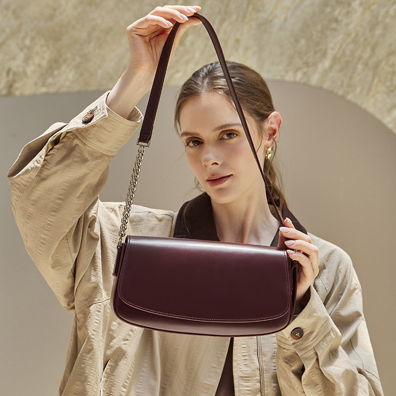 Women's Soft Cowhide Baguette Saddle Bag with Chain Strap