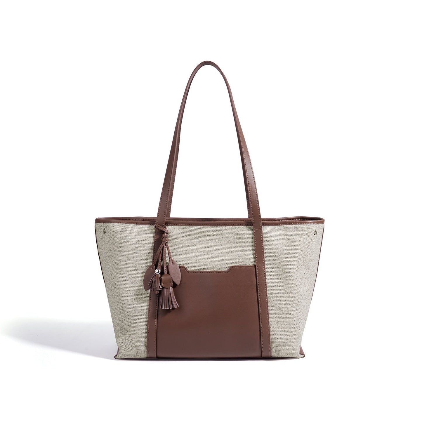 Women's Canvas Tote Bag with Genuine Leather Panels and Tassel Charm