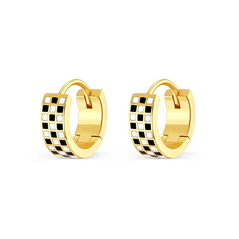 “Checkerboard Muse” S925 Sterling Silver Enamel Checkerboard Hoop Earrings