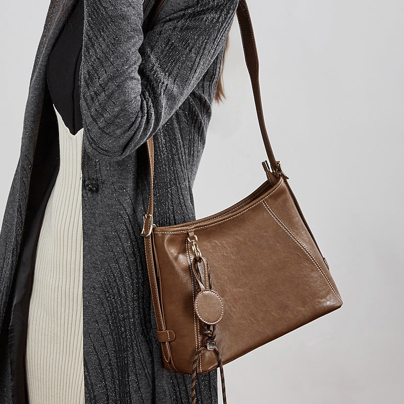 Women's Full-Grain Cowhide Contrast Stitch Hobo Bag