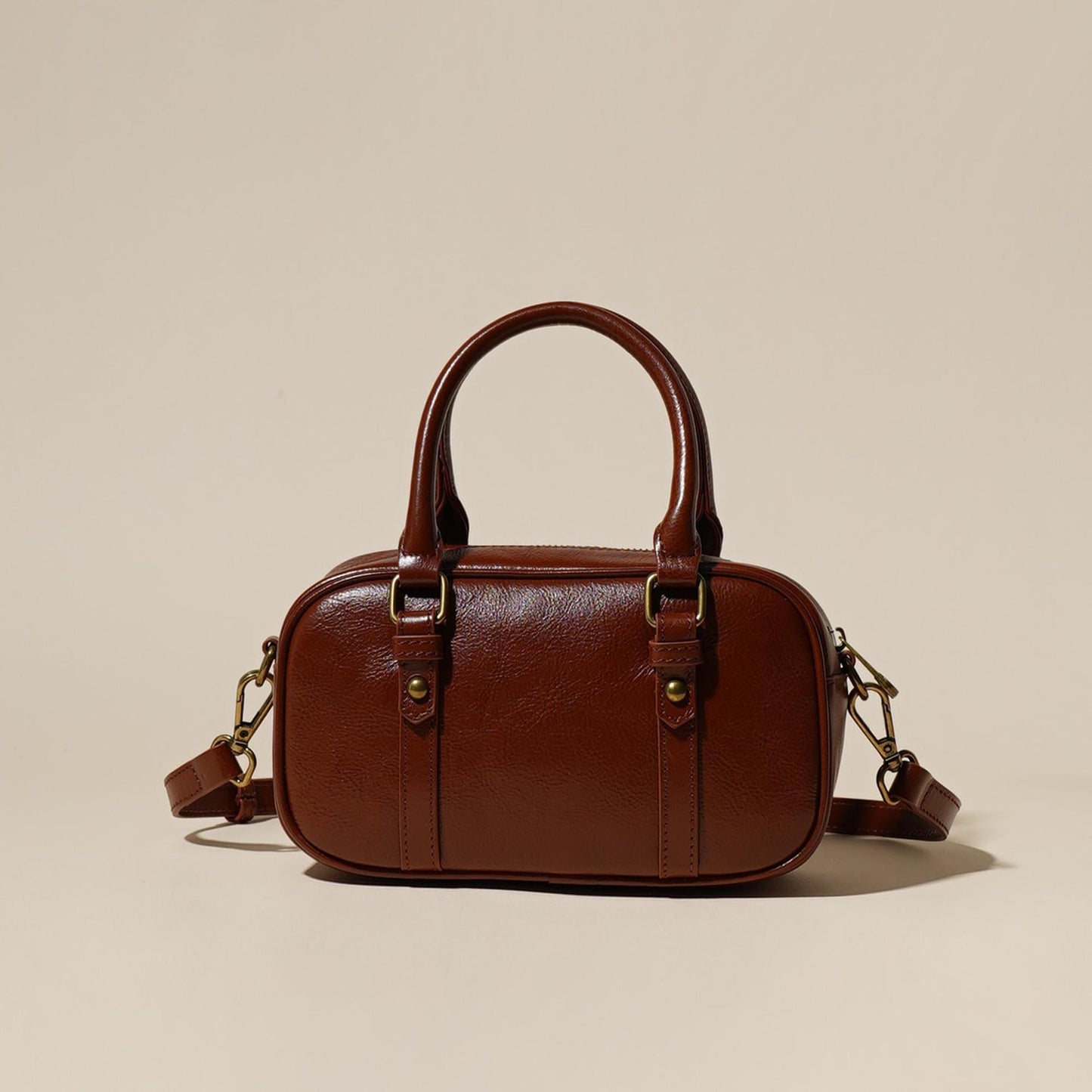 Women's Oil-Waxed Cowhide Mini Boston Bag with Top Handle