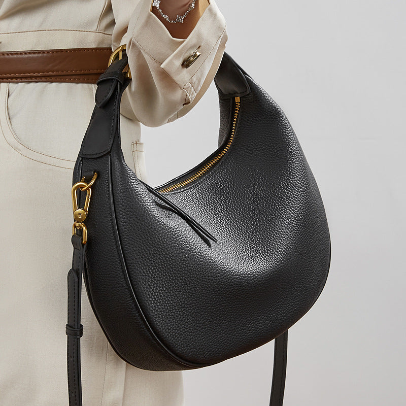 Women's Pebbled Cowhide Crescent Hobo Bag with Convertible Strap