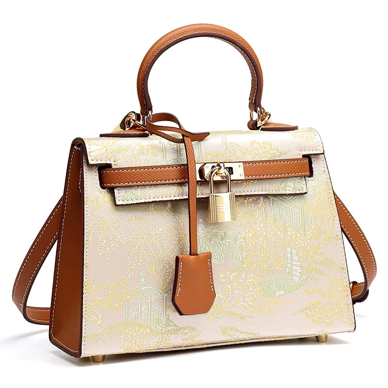 Women's Brocade Genuine Leather Kelly Bag with Padlock Charm