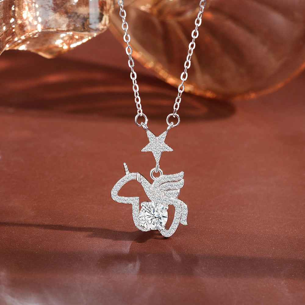 Starlit Pegasus Moissanite Unicorn Pendant Necklace 925 Sterling Silver