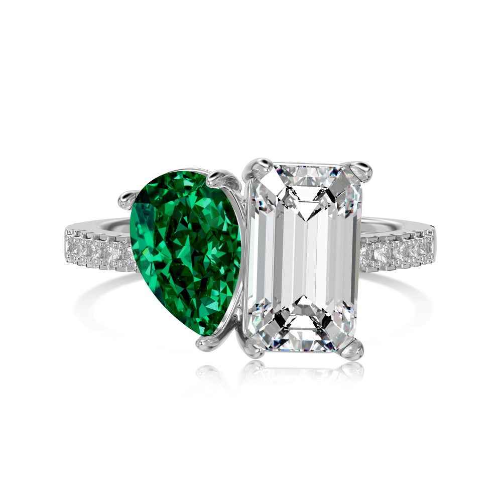 925 Sterling Silver Dual Lumina Pear & Emerald-Cut Zircon Dual-Stone Ring