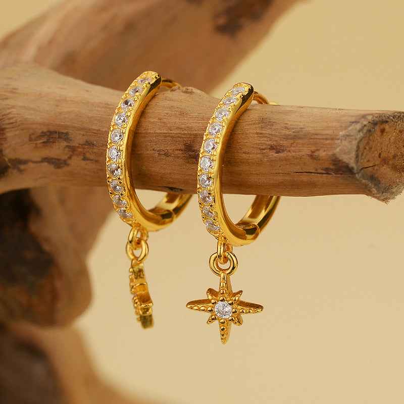925 Sterling Silver Polar Star Pavé Zircon Hoop Drop Earrings Gold or White Gold