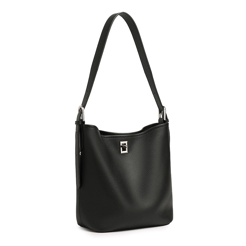Women's Full-Grain Cowhide Sculpted Bucket Bag with Turn-Lock