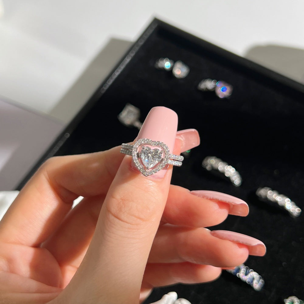 S925 Sterling Silver Heart Duet Stackable Ring Set 5A Zircon White Pink