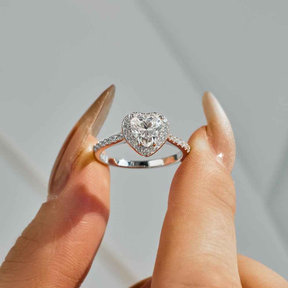 925 Sterling Silver Heart Halo Dream 1CT Heart Moissanite Ring
