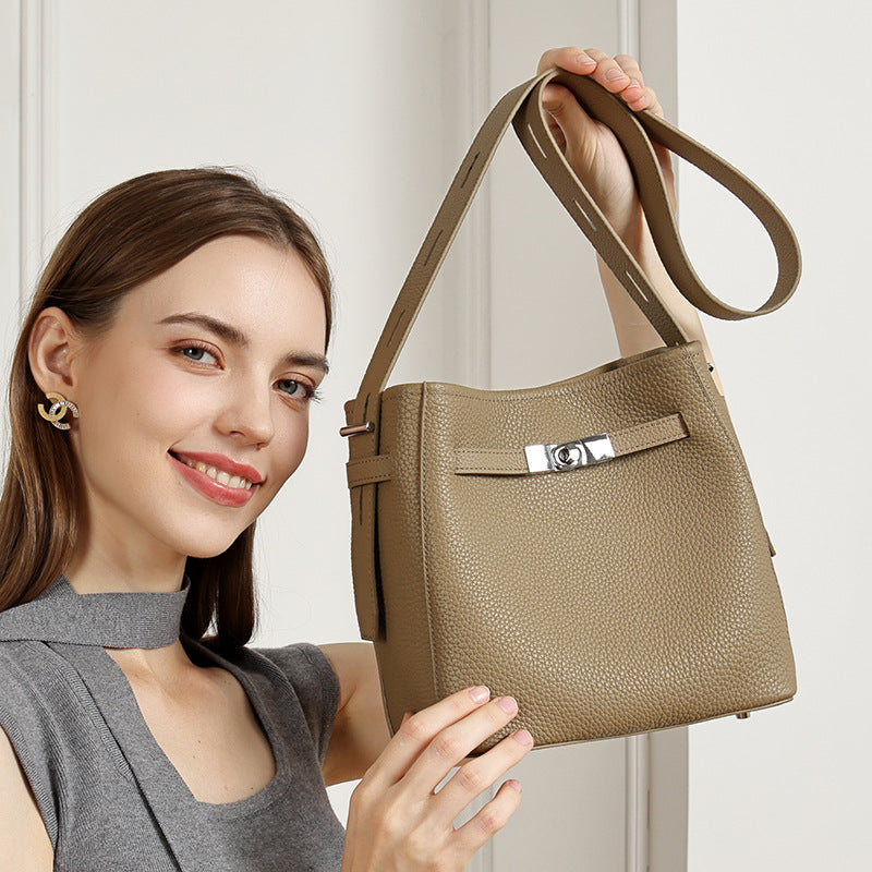 Women's Pebbled Cowhide Bucket Bag with Double-D Hardware
