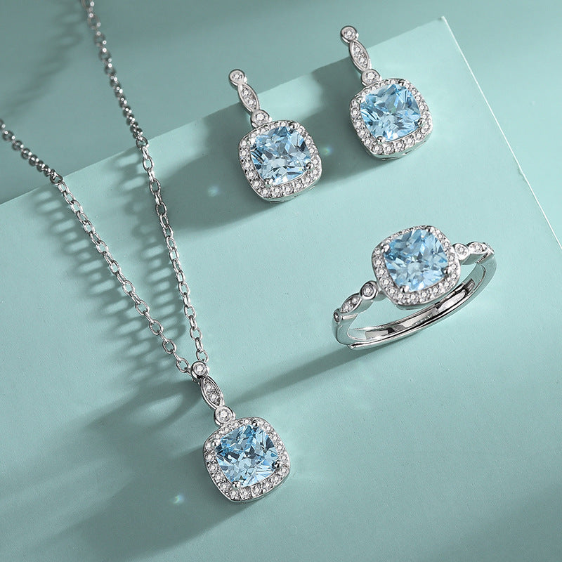 925 Sterling Silver Blue Zircon Halo Jewelry Set – Ocean Lumière