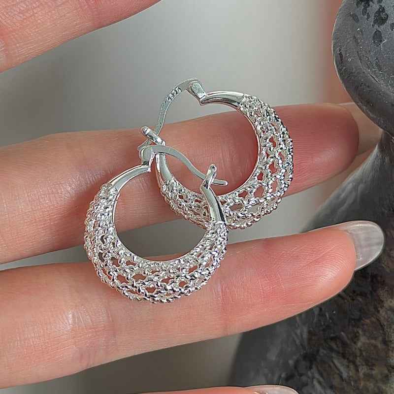 Silver Weave Textured Hoop Earrings, S925 Sterling Silver Jewelry