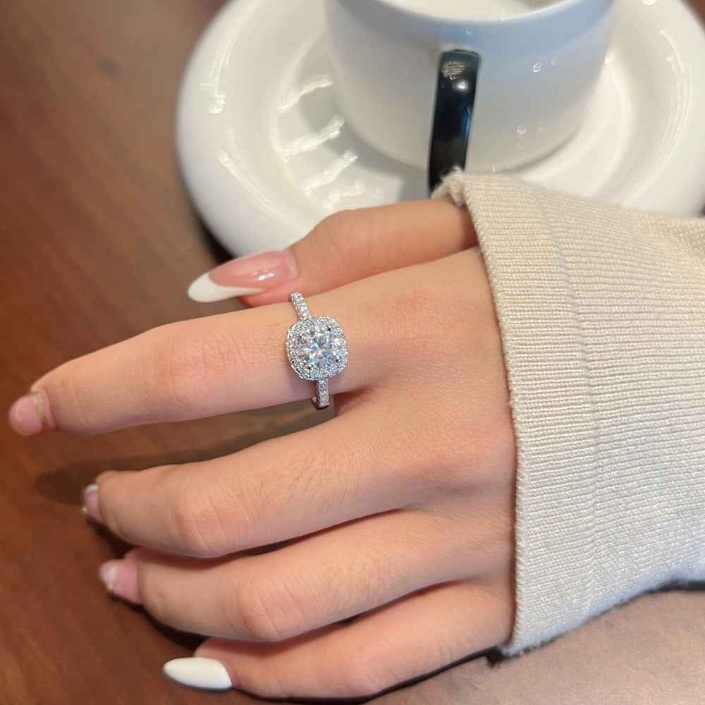 925 Sterling Silver Halo Empress 1.2CT Cushion Halo Moissanite Ring