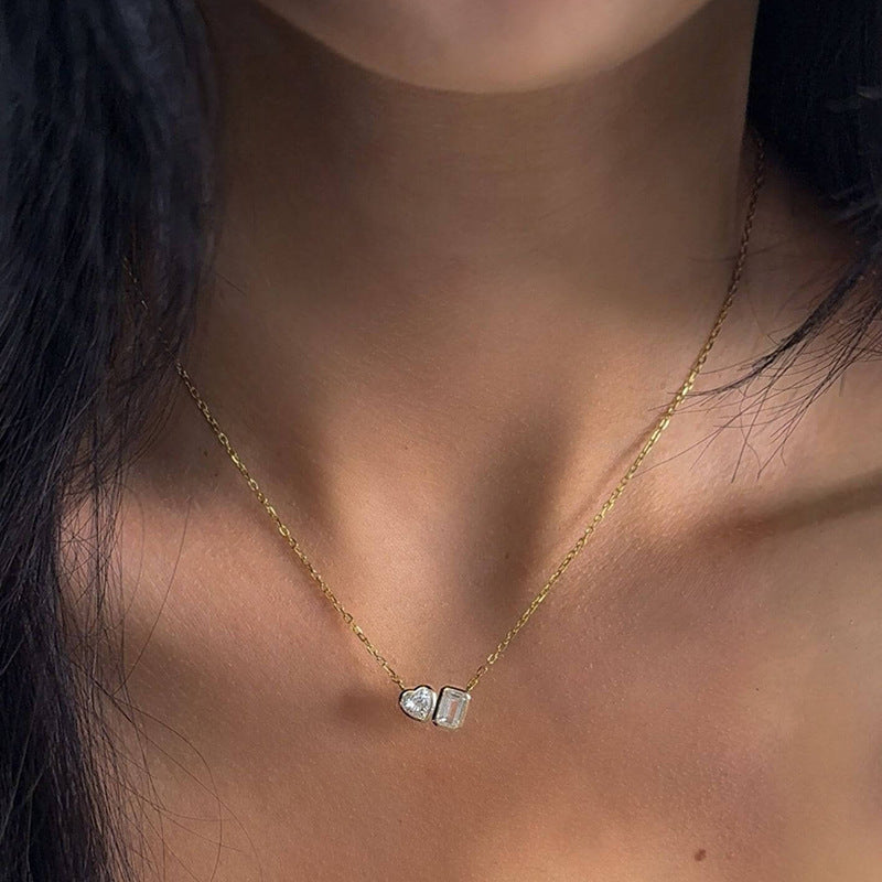 “Square Heart” S925 Sterling Silver Geometric Zircon Heart Necklace