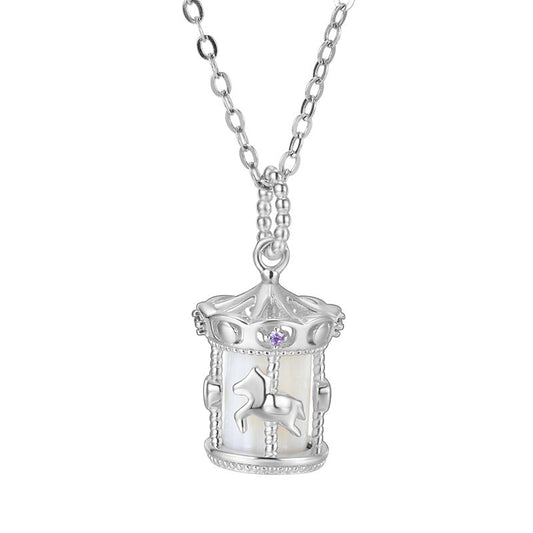 925 Sterling Silver Carousel Charm Necklace Rotating Horse White Gold Pendant