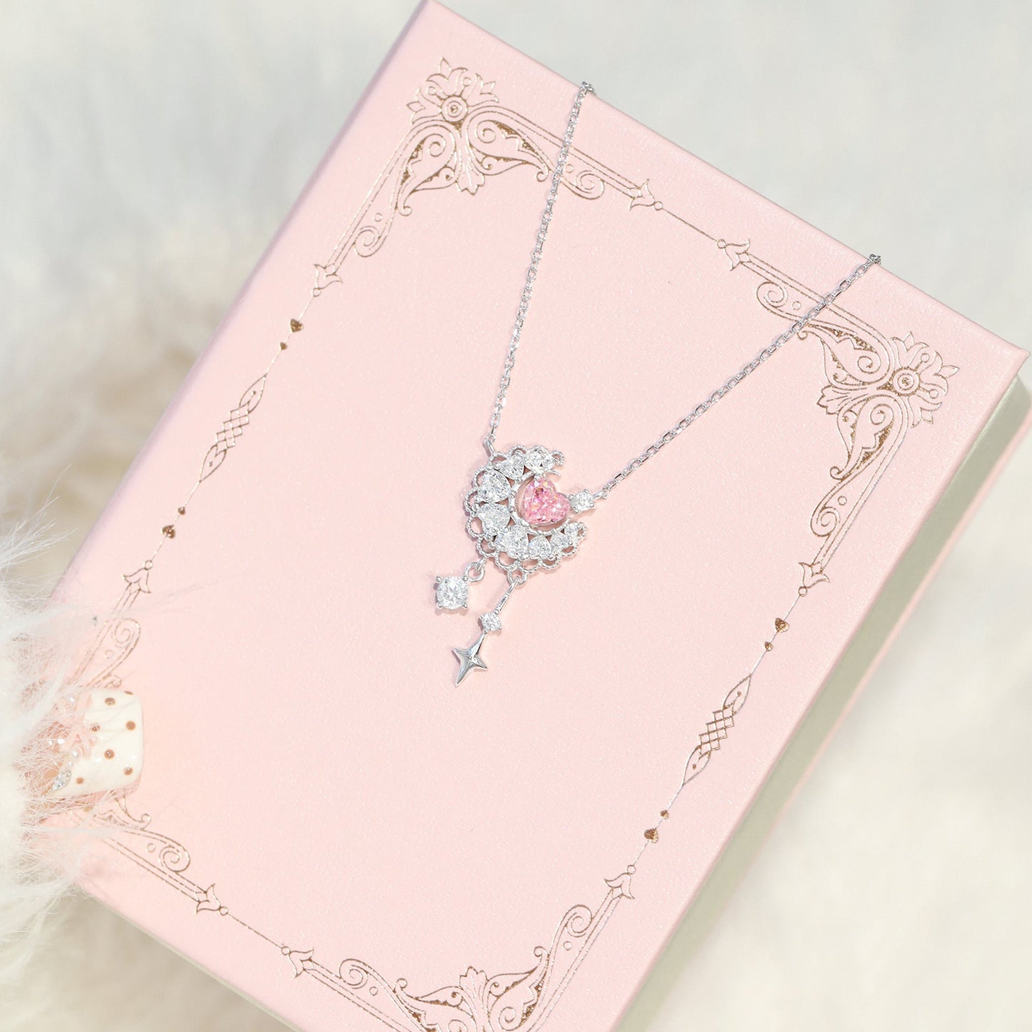 Moonlace Reverie S925 Silver Pink Heart Crescent Moon Charm Necklace