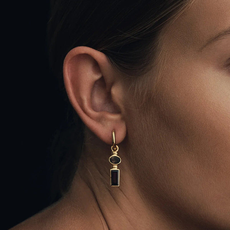 “Amber Deco” S925 Sterling Silver Oval Drop Hoop Earrings with Square Zircon