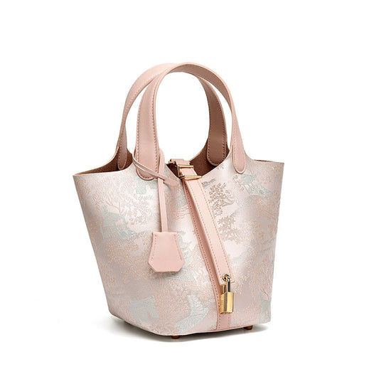 Women's Oriental Garden Genuine Leather Bucket Bag with Charm