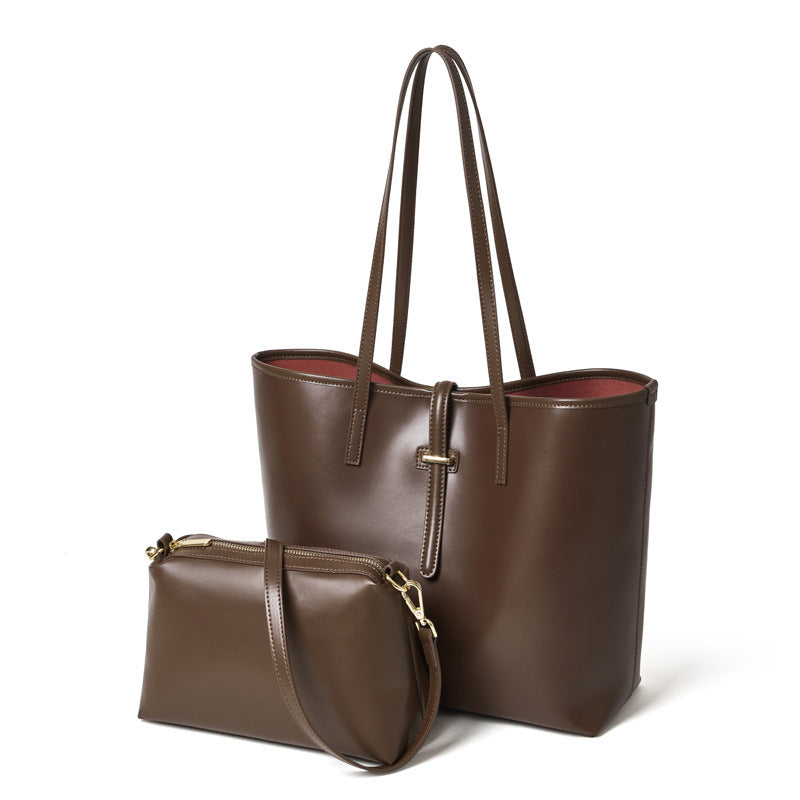 Women's Cowhide Tote Bag Set with Convertible Inner Pouch