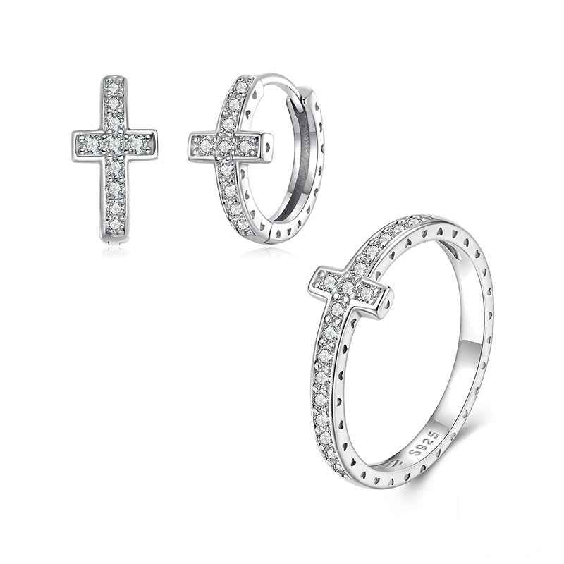925 Sterling Silver Moissanite Cross Ring and Earrings Set