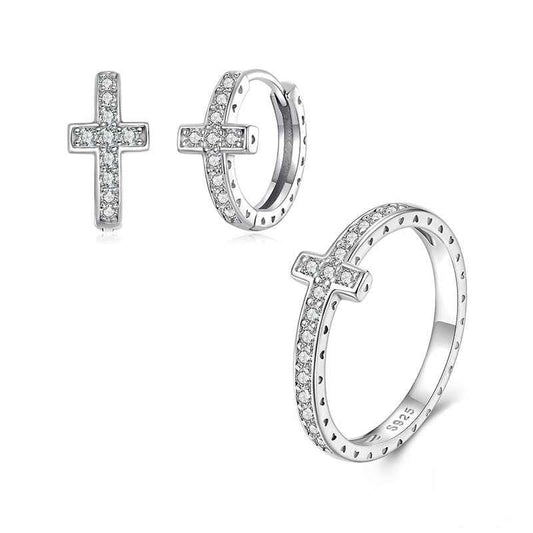 925 Sterling Silver Moissanite Cross Ring and Earrings Set