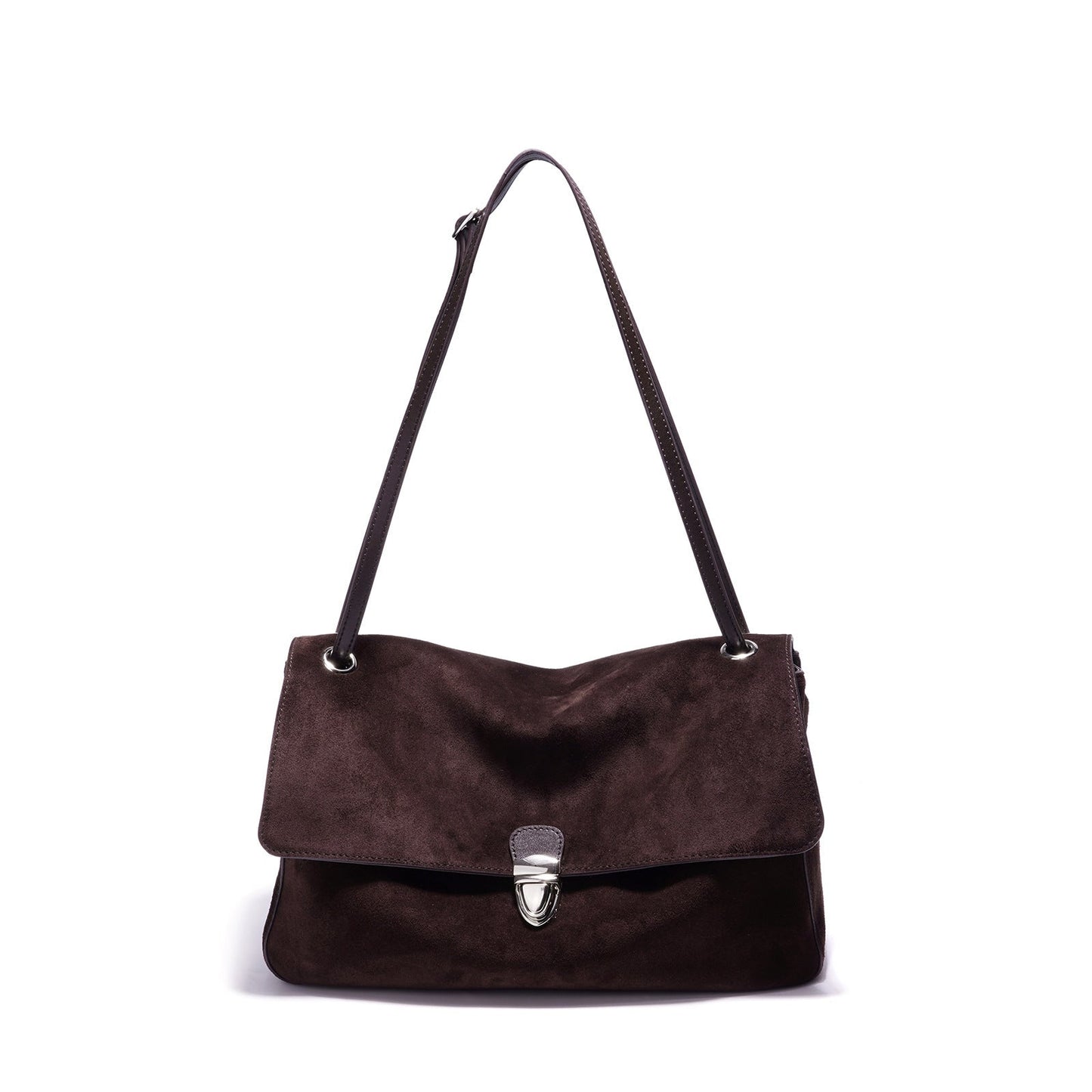 Women's Suede Leather Flap Shoulder Bag with Push-Lock