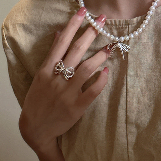 S925 Sterling Silver Bow Elegance Jewelry Set Necklace Earrings Ring Pearl Bow