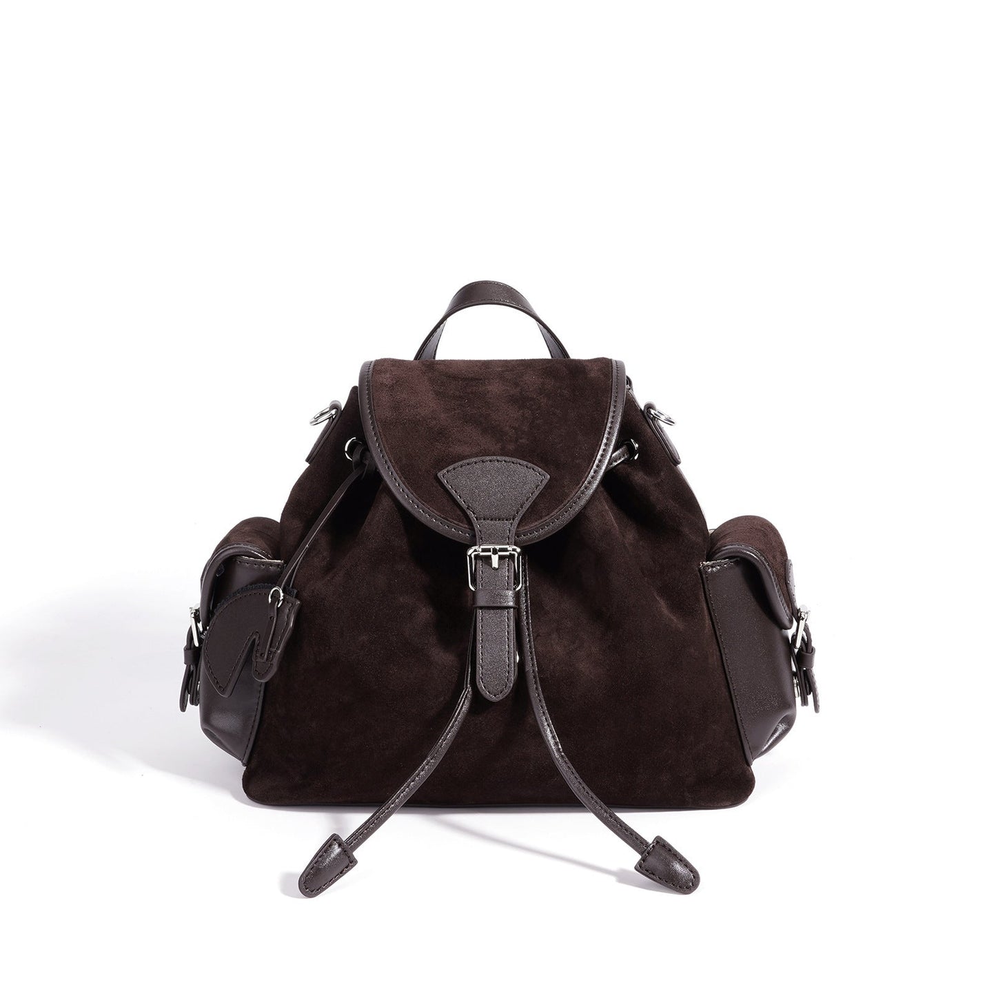 Women's Suede Leather Convertible Flap Backpack with Side Pockets