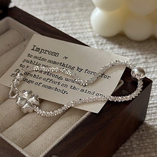 S925 Sterling Silver Lucky Gleam Four Leaf Clover Bracelet Textured Charm Jewelry