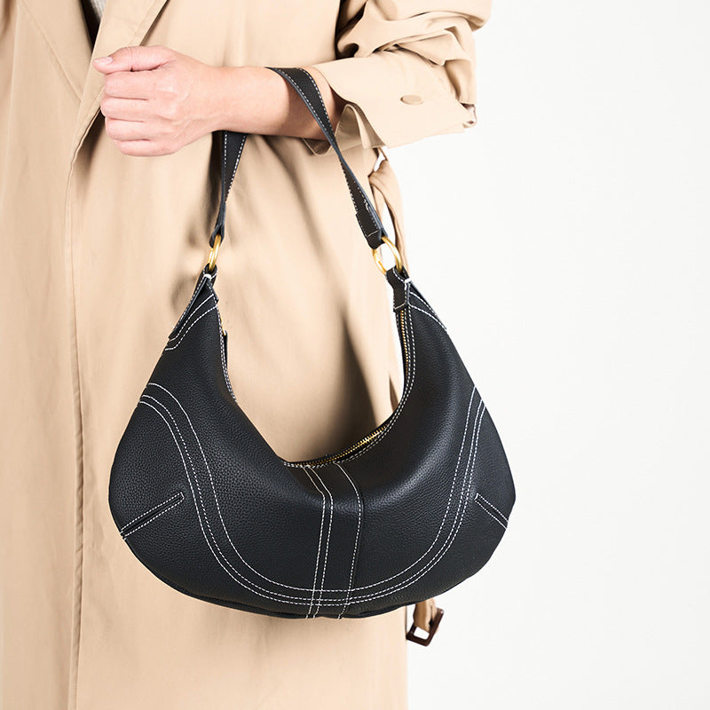 Women's Pebbled Cowhide Curved Hobo Bag with Contrast Stitching