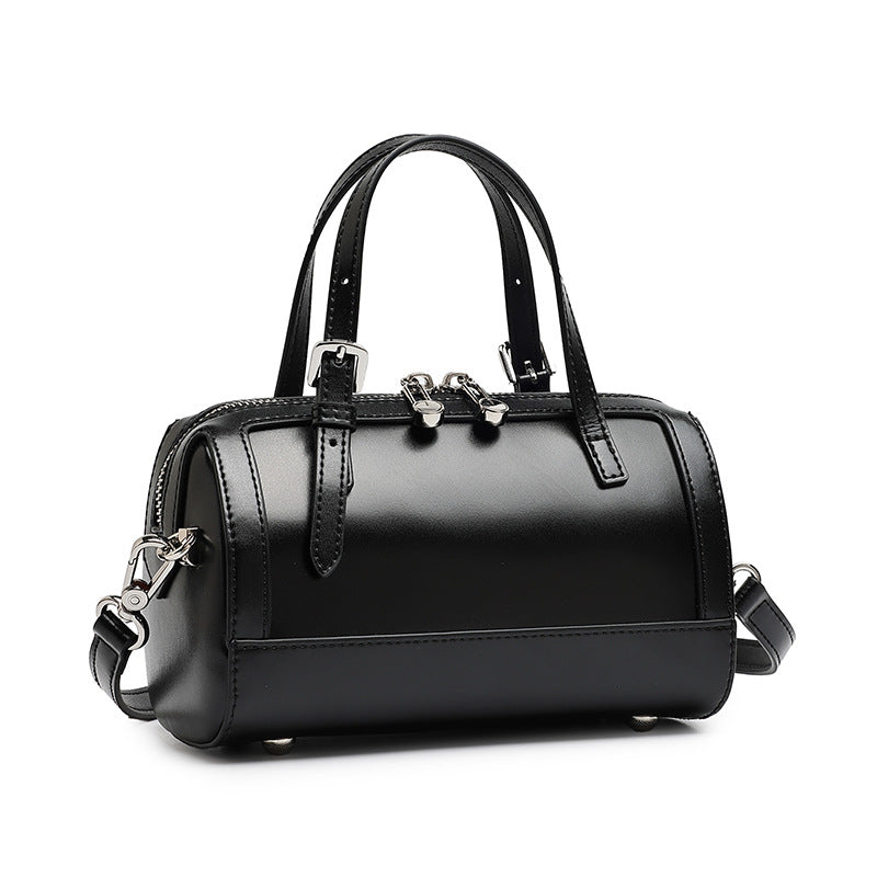 Women's Cowhide Retro Boston Barrel Bag with Adjustable Strap