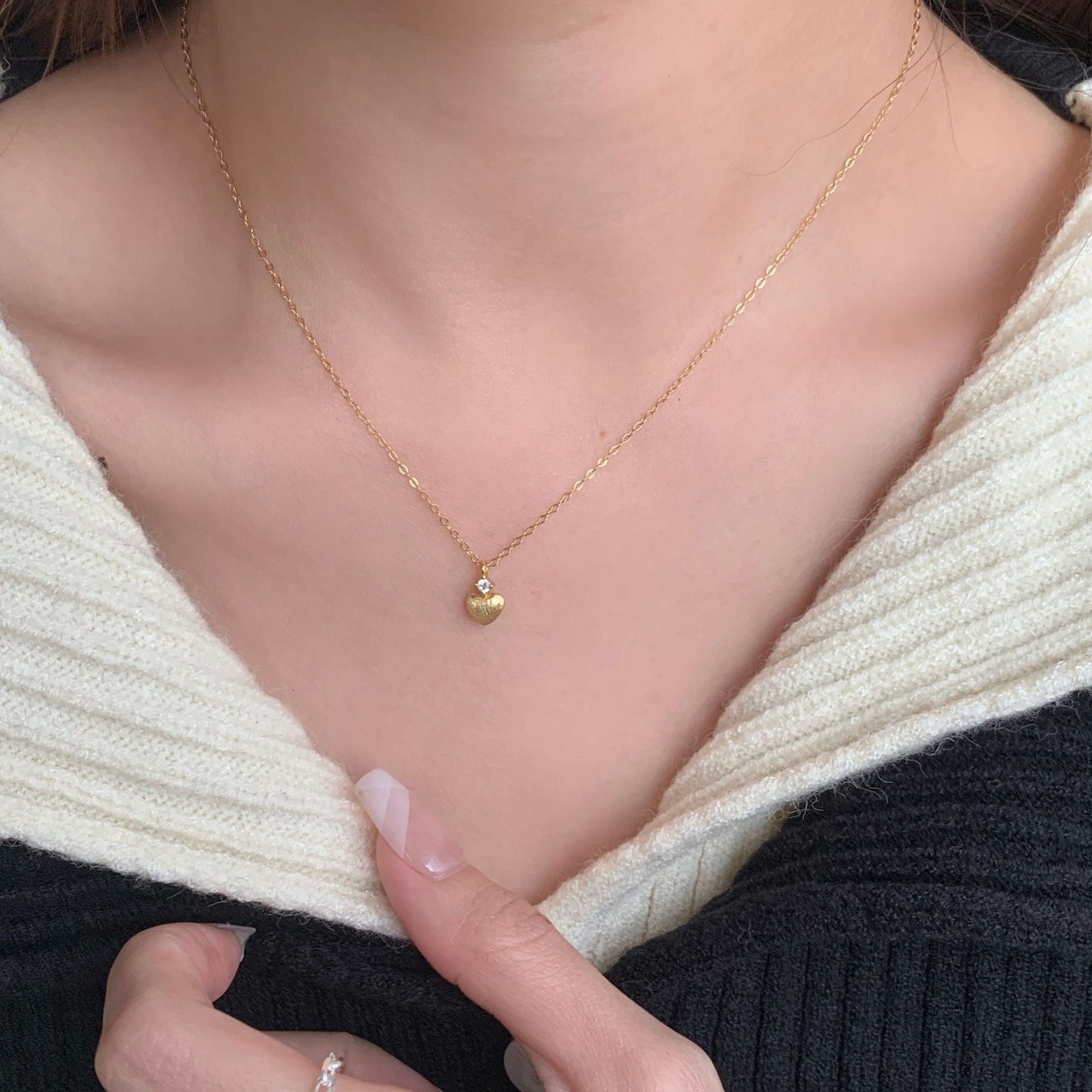 S925 Sterling Silver Brushed Heart Necklace Matte Heart CZ Pendant Gold Silver